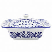 AI-assisted concept image of cobalt botanical lidded server: a second view of the form.