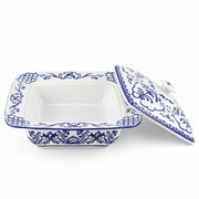 AI-assisted concept image of cobalt botanical lidded server: the opened form with its removable components.