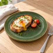 AI-assisted concept image of forest breakfast plate: styled table view; food and props are not included.