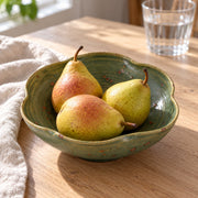 AI-assisted concept image of forest petal serving bowl: styled table view; food and props are not included.