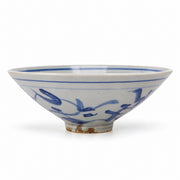 AI-assisted concept image of cobalt blossom conical bowl: side profile.