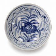 AI-assisted concept image of cobalt blossom conical bowl: overhead view.