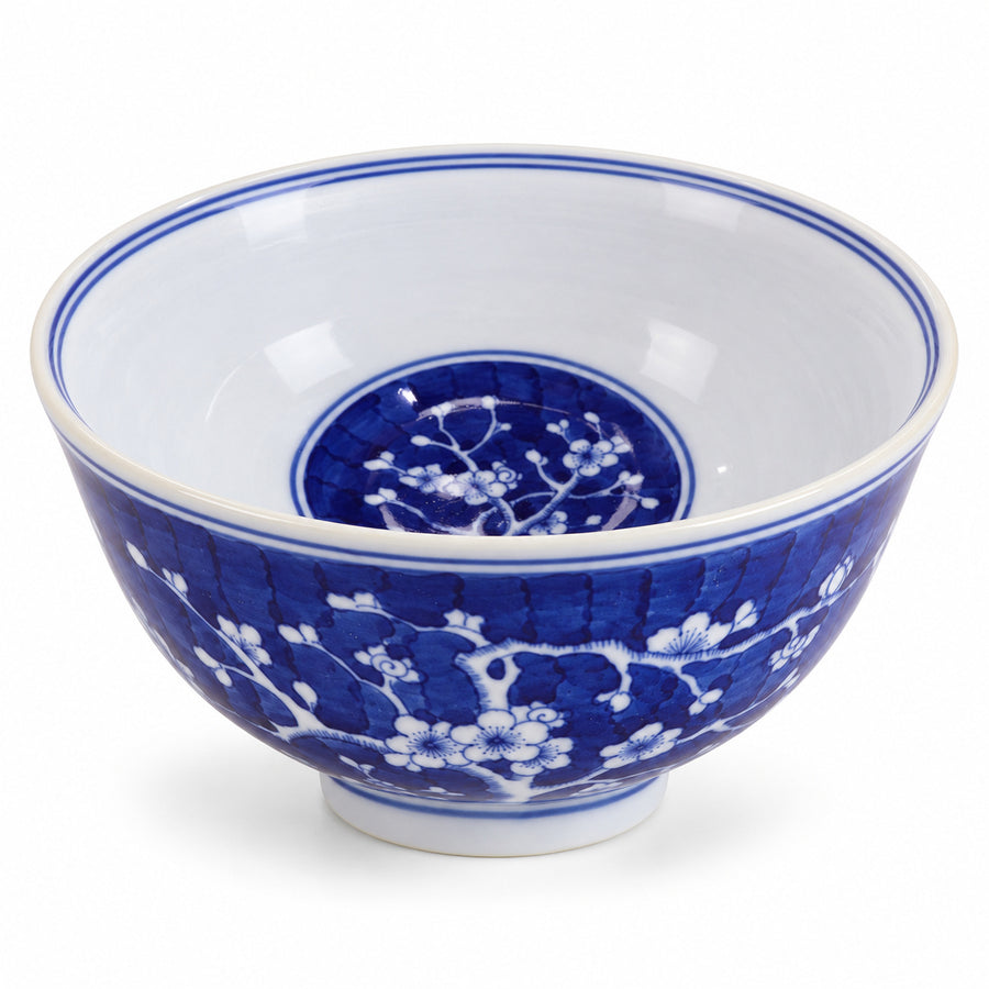 AI-assisted concept image of cobalt plum blossom deep bowl: overall product view.