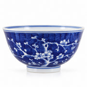 AI-assisted concept image of cobalt plum blossom deep bowl: side profile.