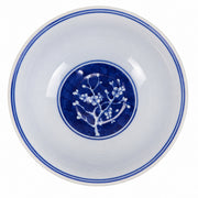 AI-assisted concept image of cobalt plum blossom deep bowl: overhead view.