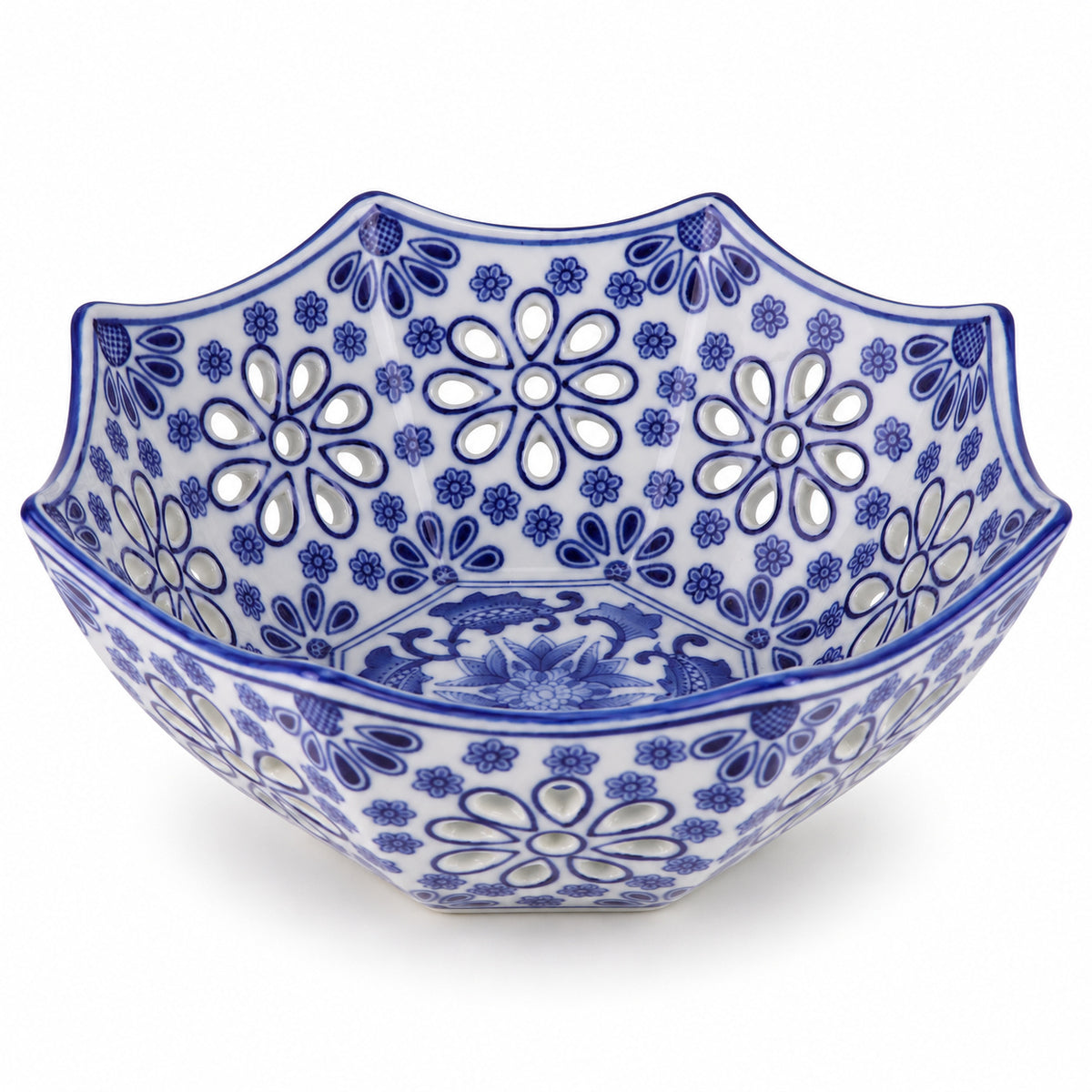 AI-assisted concept image of cobalt octagonal openwork fruit bowl: overall product view.
