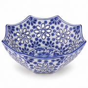 AI-assisted concept image of cobalt octagonal openwork fruit bowl: overall product view.