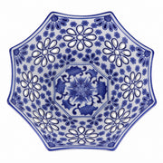 AI-assisted concept image of cobalt octagonal openwork fruit bowl: overhead view.