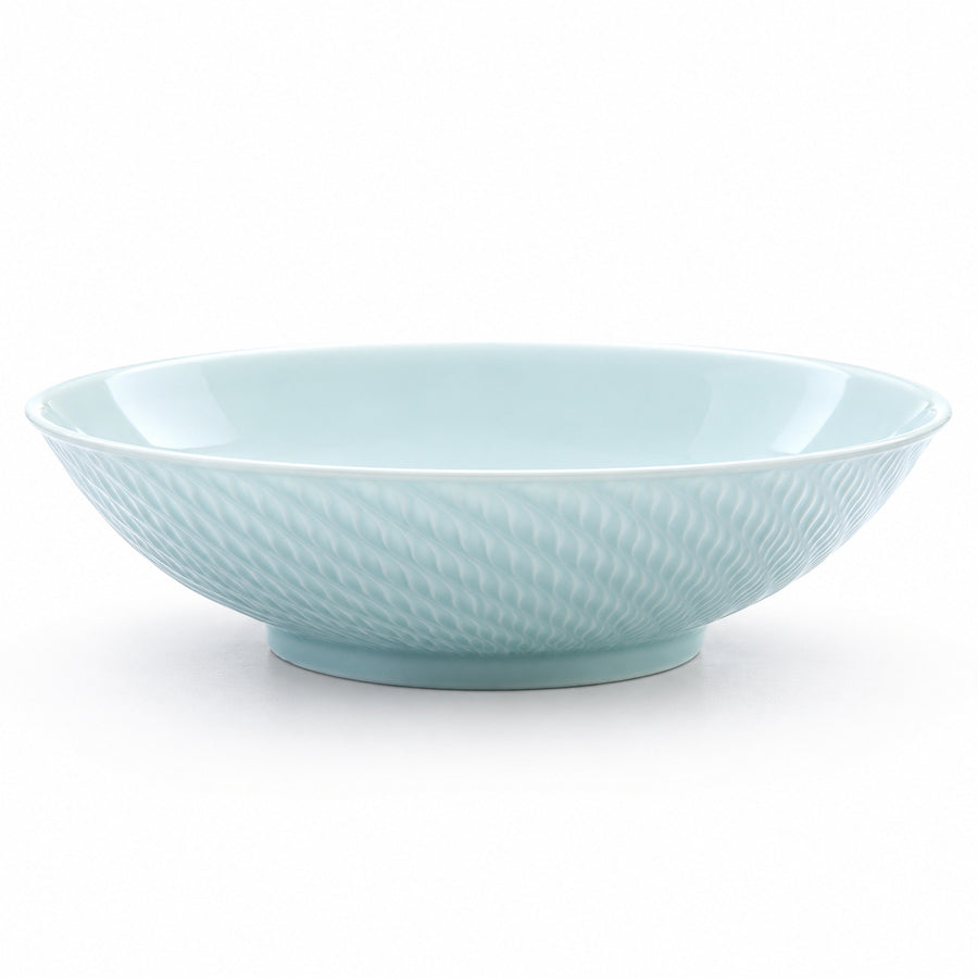 AI-assisted concept image of qingbai grain relief deep plate: overall product view.