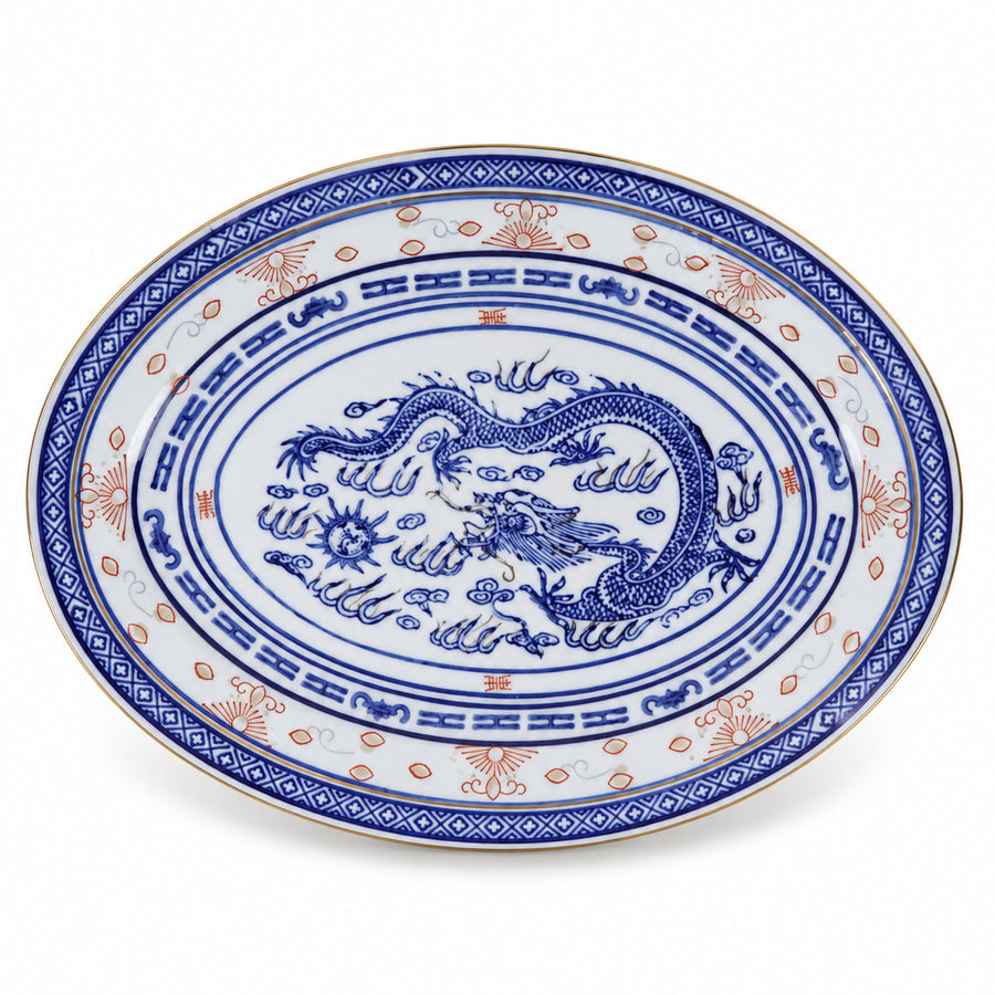 AI-assisted concept image of dragon & rice-grain oval platter: overall product view.