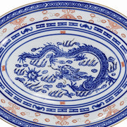 AI-assisted concept image of dragon & rice-grain oval platter: detail of the surface and outline.