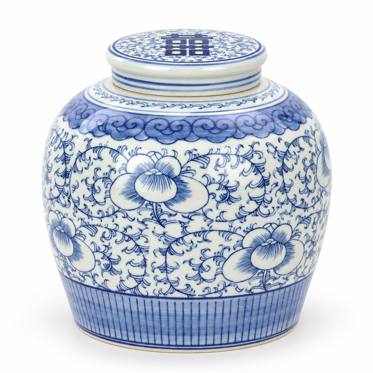 AI-assisted concept image of cobalt peony lidded jar: overall product view.