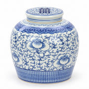 AI-assisted concept image of cobalt peony lidded jar: overall product view.