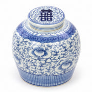 AI-assisted concept image of cobalt peony lidded jar: overhead view.