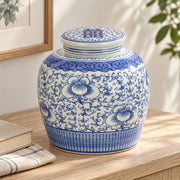 AI-assisted concept image of cobalt peony lidded jar: styled table view; food and props are not included.
