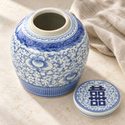 AI-assisted concept image of cobalt peony lidded jar: styled setting view; food and props are not included.