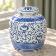 AI-assisted concept image of cobalt peony lidded jar: styled editorial view; food and props are not included.