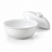 AI-assisted concept image of sweet white lidded tureen: the opened form with its removable components.