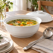 AI-assisted concept image of sweet white lidded tureen: styled table view; food and props are not included.