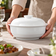 AI-assisted concept image of sweet white lidded tureen: styled setting view; food and props are not included.