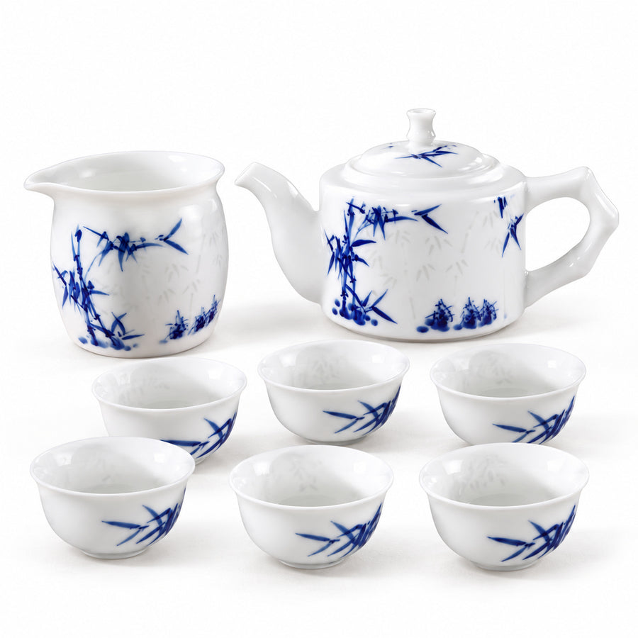 AI-assisted concept image of the complete Bamboo Linglong tea set: one teapot, one pitcher and six cups.