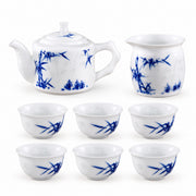 AI-assisted overhead concept image of all eight pieces in the Bamboo Linglong tea set.