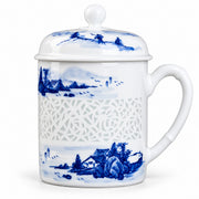AI-assisted concept image of landscape linglong lidded mug: detail of the surface and outline.