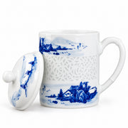 AI-assisted concept image of landscape linglong lidded mug: the opened form with its removable components.