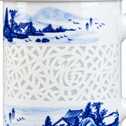 AI-assisted concept image of landscape linglong lidded mug: detail of the surface and outline.