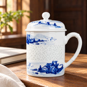 AI-assisted concept image of landscape linglong lidded mug: styled table view; food and props are not included.