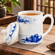 AI-assisted concept image of landscape linglong lidded mug: styled setting view; food and props are not included.