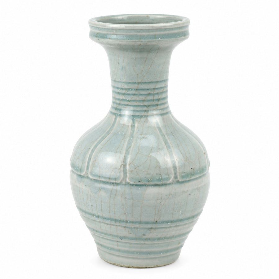 AI-assisted concept image of pale green ring-neck vase: overall product view.